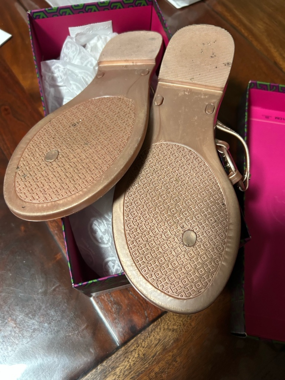 Tory Burch Metallic Tan Logo Thong Sandals with Gold Medallion - Picture 3 of 4
